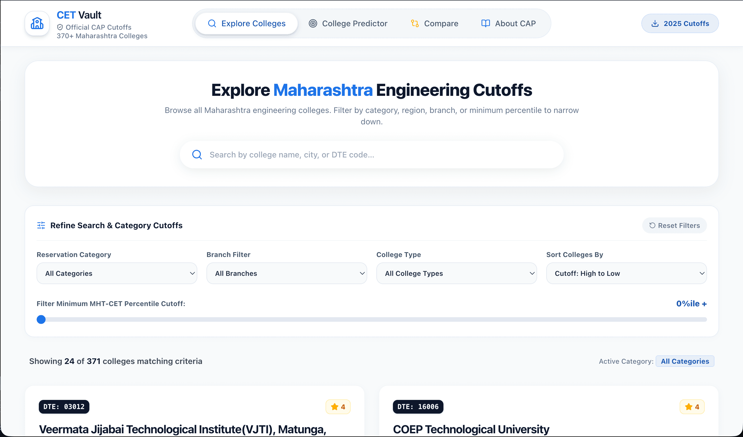 MHT-CET College Predictor website screenshot